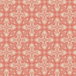 Spring Garden Quatrefoil with foliage - abstract ethnic geometric mandala, classic, grand millennial - cream  and peach on coral - small