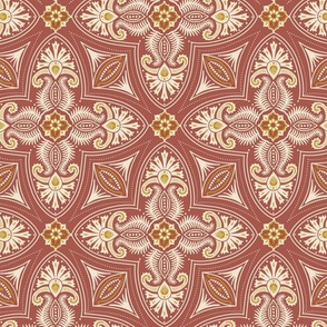 Spring Garden Quatrefoil with foliage - abstract ethnic geometric mandala, classic, grand millennial - cream  and mustard on dark coral - large