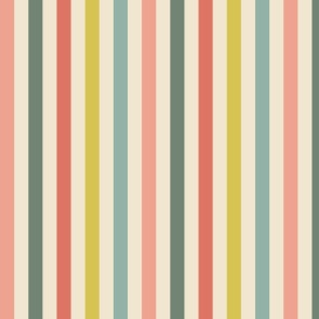 Spring garden - bright, fresh heritage alternate stripe - sage, coral, peach, light teal and mimosa yellow on cream - large