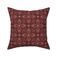 Spring Garden Quatrefoil with foliage - abstract ethnic geometric mandala, classic, grand millennial - dark coral and peach on maroon - small