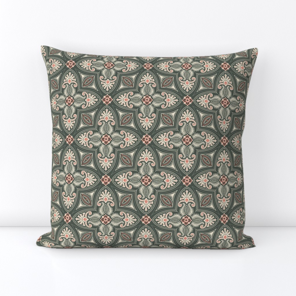 Spring Garden Quatrefoil with foliage - abstract ethnic geometric mandala, classic, grand millennial - cream and coral on dark sage - small