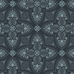 Spring Garden Quatrefoil with foliage - abstract ethnic geometric mandala, classic, grand millennial - slate and light teal on midnight blue - large
