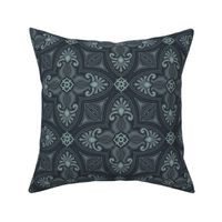 Spring Garden Quatrefoil with foliage - abstract ethnic geometric mandala, classic, grand millennial - slate and light teal on midnight blue - medium