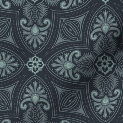 Spring Garden Quatrefoil with foliage - abstract ethnic geometric mandala, classic, grand millennial - slate and light teal on midnight blue - medium