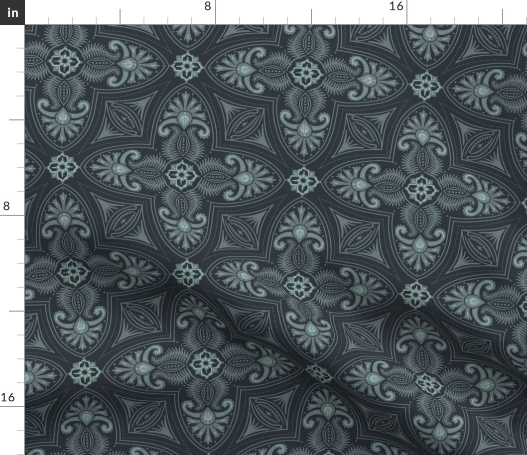 Spring Garden Quatrefoil with foliage - abstract ethnic geometric mandala, classic, grand millennial - slate and light teal on midnight blue - medium