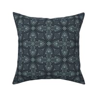 Spring Garden Quatrefoil with foliage - abstract ethnic geometric mandala, classic, grand millennial - slate and light teal on midnight blue - small