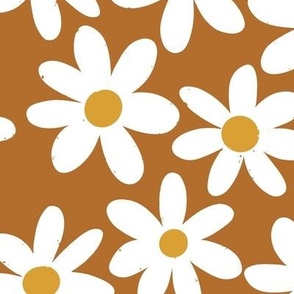 Brown Dainty Daises (Large), Vintage Inspired Daisy, Hand Drawn Flowers, Retro Daisy, Copper and White, Nostalgic  Whimsical, Retro Pattern, Retro Fabric, Charming Flowers, Vintage Flowers, Groovy Daisy