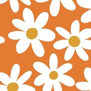 Orange Dainty Daises (Large), Vintage Inspired Daisy, Hand Drawn Flowers, Retro Daisy, Orange and White, Nostalgic  Whimsical, Retro Pattern, Retro Fabric, Charming Flowers, Vintage Flowers, Groovy Daisy