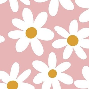 Pink Dainty Daises (Large), Vintage Inspired Daisy, Hand Drawn Flowers, Retro Daisy, Pink and White, Nostalgic  Whimsical, Retro Pattern, Retro Fabric, Charming Flowers, Vintage Flowers, Groovy Daisy