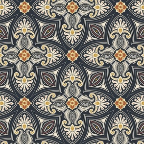 Spring Garden Quatrefoil with foliage - abstract ethnic geometric mandala, classic, grand millennial - cream, mustard and dark coral on midnight blue - large