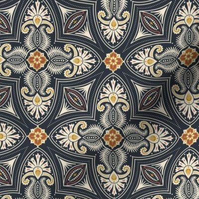Spring Garden Quatrefoil with foliage - abstract ethnic geometric mandala, classic, grand millennial - cream, mustard and dark coral on midnight blue - small