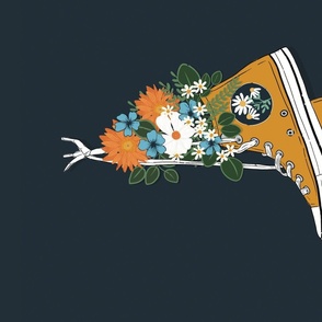 Floral Sneakers Panel Wall Hanging, Sneakers Tea Towel,  Funky Sneaker Wildflowers, Hand Drawn, High Top Sneakers, Floral Shoe, Fashion Fabric, White Orange Blue, Yellow Sneakers, Colorful Shoes, Kid Design, Teen Design, Retro Inspired, Vintage Inspired