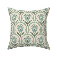 Spring Garden Quatrefoil with foliage - abstract ethnic geometric mandala, classic, grand millennial - light teal and sage on ivory - medium