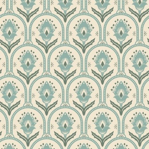 Spring Garden Quatrefoil with foliage - abstract ethnic geometric mandala, classic, grand millennial - light teal and sage on ivory - medium