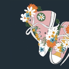 Pink High Tops Panel Wall Hanging, Shoe Tea Towel, Hand Drawn Sneakers, Retro Inspired, Vintage Shoes, Flowers and Sneakers, Girl Fabric, Wildflowers and Shoes, Colorful Flowers, Yellow and Pink, Orange and Blue, Fun and Funky, Groovy Sneakers, Vintage Sn