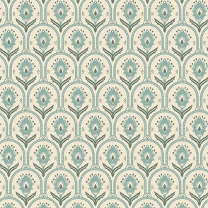 Spring Garden Quatrefoil with foliage - abstract ethnic geometric mandala, classic, grand millennial - light teal and sage on ivory  - small