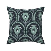 Spring Garden Quatrefoil with foliage - abstract ethnic geometric mandala, classic, grand millennial- light teal and slate on midnight blue - large