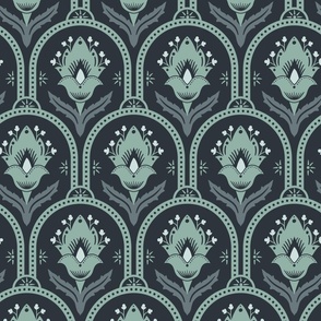 Spring Garden Quatrefoil with foliage - abstract ethnic geometric mandala, classic, grand millennial- light teal and slate on midnight blue - large