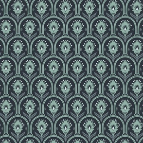 Spring Garden Quatrefoil with foliage - abstract ethnic geometric mandala, classic, grand millennial - light teal and slate on midnight blue - small