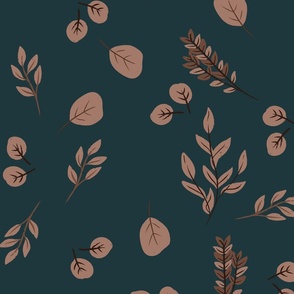 Teal Leaves, Hand drawn brown leaves, teal and brown, botanical, nature inspired, outdoor, home decor, wallpaper, leaf motifs