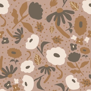 Brown Beige Grey Neutral Earth Tone Hand Drawn Abstract Floral Botanical