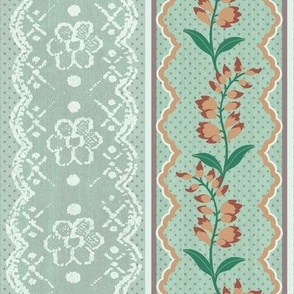 Vintage Lace & Floral Ribbon - Soft Green (Large Scale)