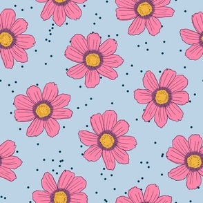 Cute Pink Flowers on a Light Blue Background