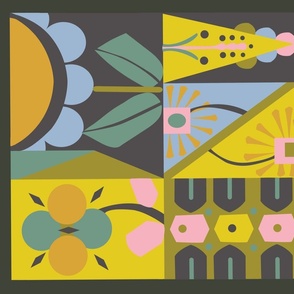 Chic geometric floral tea towel in sunny yellows, khaki, candy pinks, and blues on black