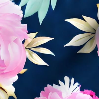 "Pretty in Pink" Peonies with light green leaves and blue background