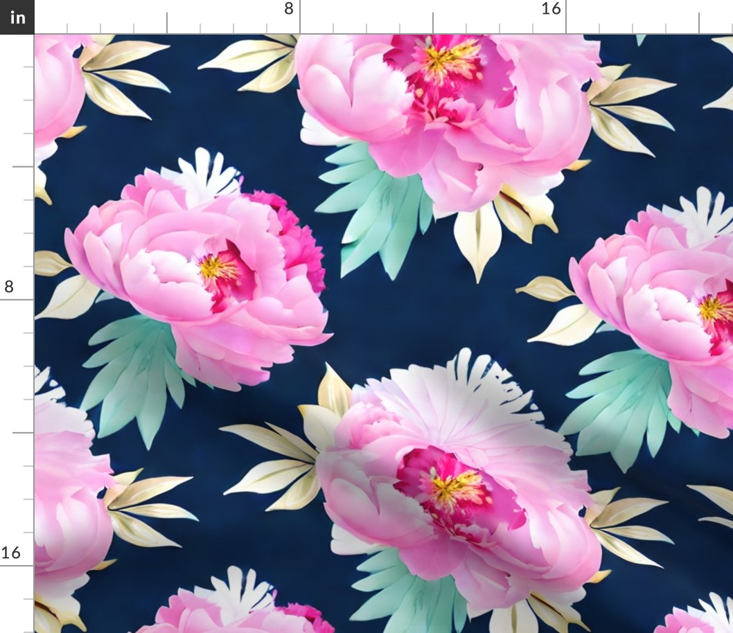 "Pretty in Pink" Peonies with light green leaves and blue background