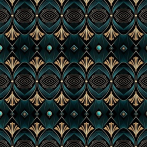 Bohemian Luxury Gold Teal Art Deco Ornament Pattern 3 Smaller Scale