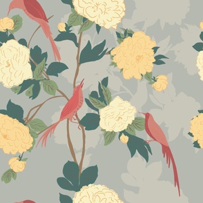  Song bird and large peony flowers chinoiserie//grey//Extra large//Spring 