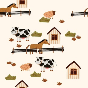Hand Drawing Barn and Farm Animal with Beige Background
