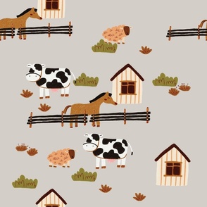 Hand Drawing Barn and Farm Animal with Grey Background
