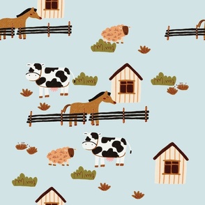 Hand Drawing Barn and Farm Animal with Light Blue Background