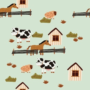 Hand Drawing Barn and Farm Animal with Mint Green Background