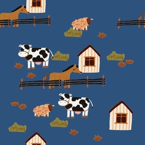 Hand Drawing Barn and Farm Animal with Blue Background