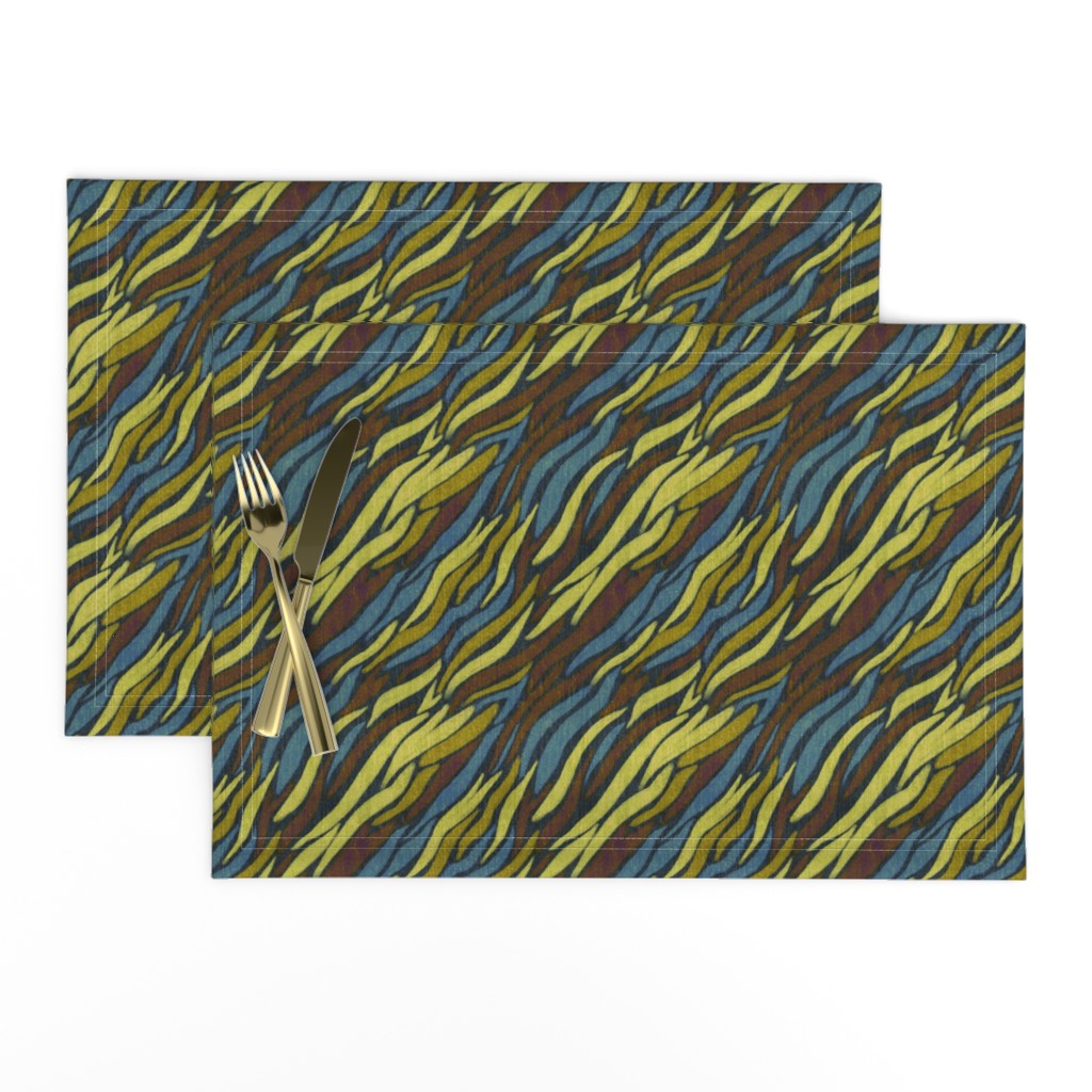 abstract zebra stripes reimagined with linen overlay texture 12” repeat yellow, pale blue and brown on dark  blue background