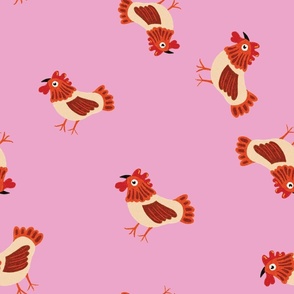 Loose Hand Drawing Chicken with Rose Pink Background