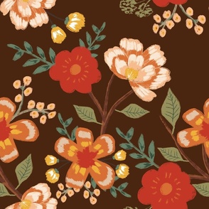 Earth Tone Hand Drawn Floral Botanical with Dark Brown Background