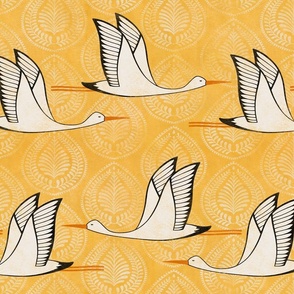 Italian stucco  flying storks - golden yellow damask background
