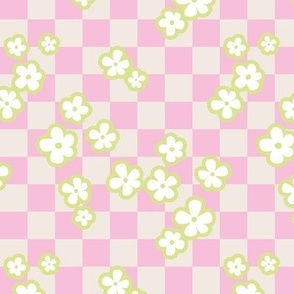 Retro blossom on checkerboard - summer flowers plaid lime green pink sand SMALL