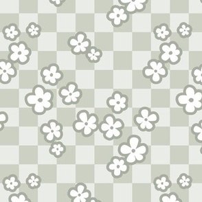 Retro blossom on checkerboard - summer flowers plaid neutral sage green SMALL