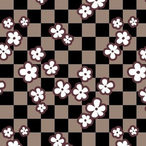 Retro blossom on checkerboard - winter night flowers plaid neutral beige brown chocolate black SMALL