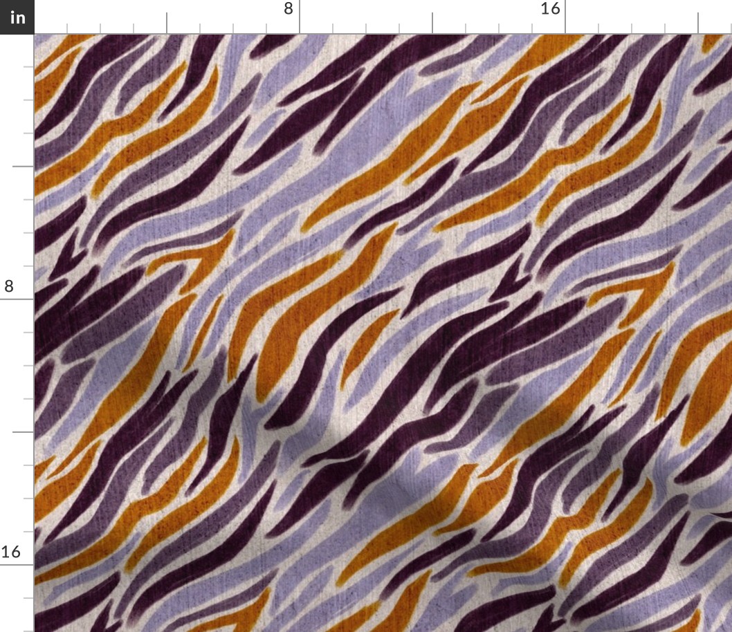 abstract zebra stripes reimagined with linen overlay texture 12” repeat lilac, purple, copper orange on off white background background