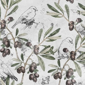 [large] Birds in Olive Trees on Aged Stucco - Faux Italianate Wallpaper