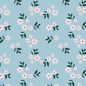 Delicate springtime meadow - flower garden with petals and blossom scandinavian minimalist style blush pine green on moody blue 