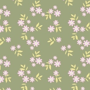 Delicate springtime meadow - flower garden with petals and blossom scandinavian minimalist style neutral lime green pink on olive  