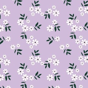 Delicate springtime meadow - flower garden with petals and blossom scandinavian minimalist style pine green white on lilac   