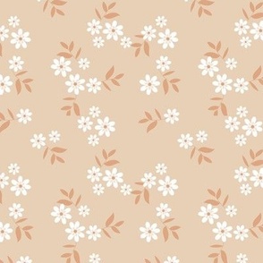 Delicate springtime meadow - flower garden with petals and blossom scandinavian minimalist style neutral white caramel orange on tan beige 